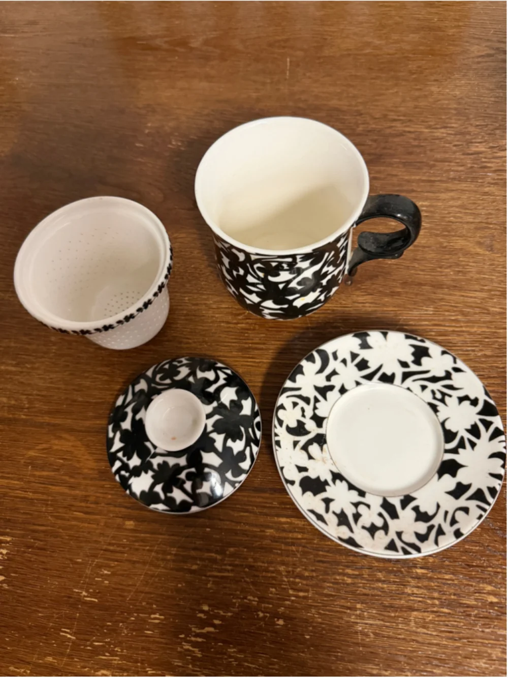 Gracie China by Coastline Imports Tea Mug Infuser Lid Saucer Black White Floral